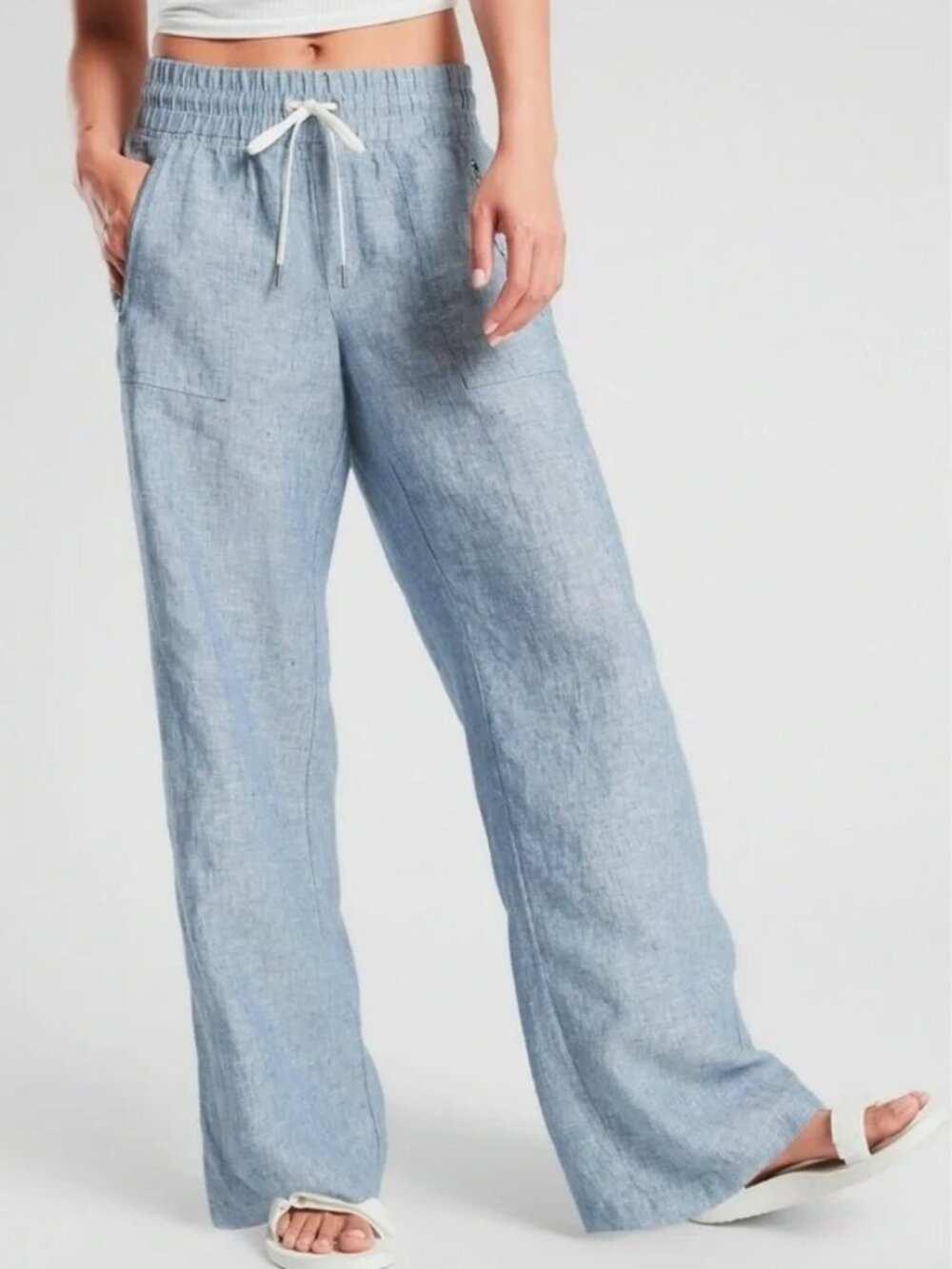 Athleta Cabo Linen Wide Linen Pants Chambray Blue Drawstring Pockets Size 6 Tall